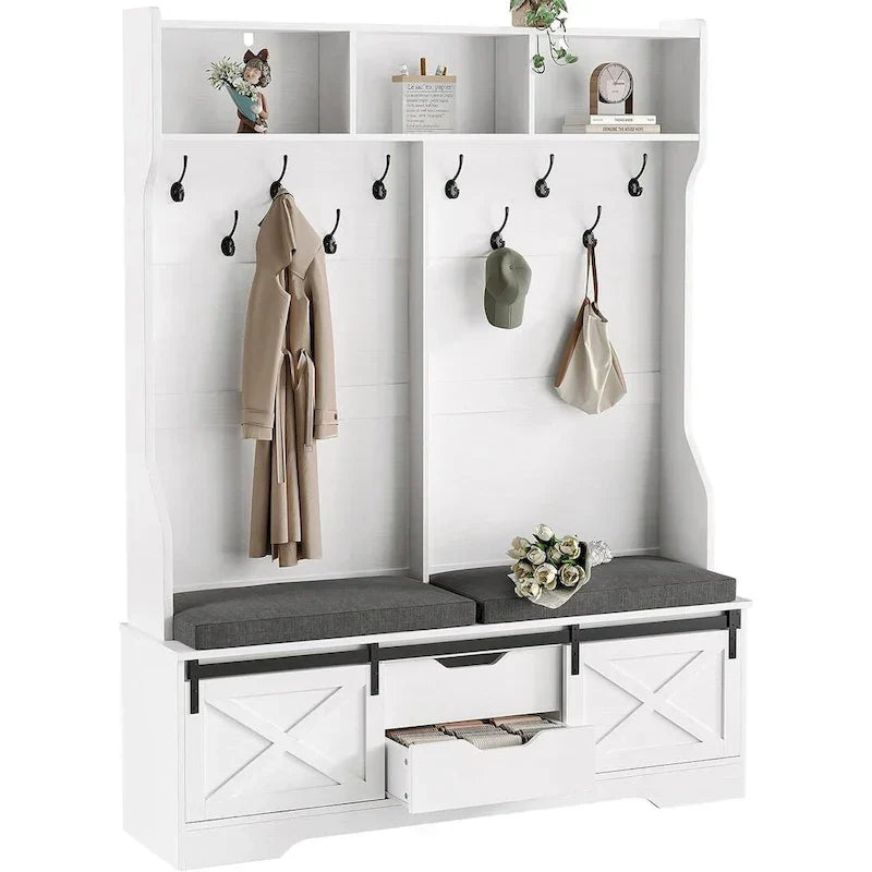 Garderobenständer mit Bank, Schuhaufbewahrung und Scheunentür