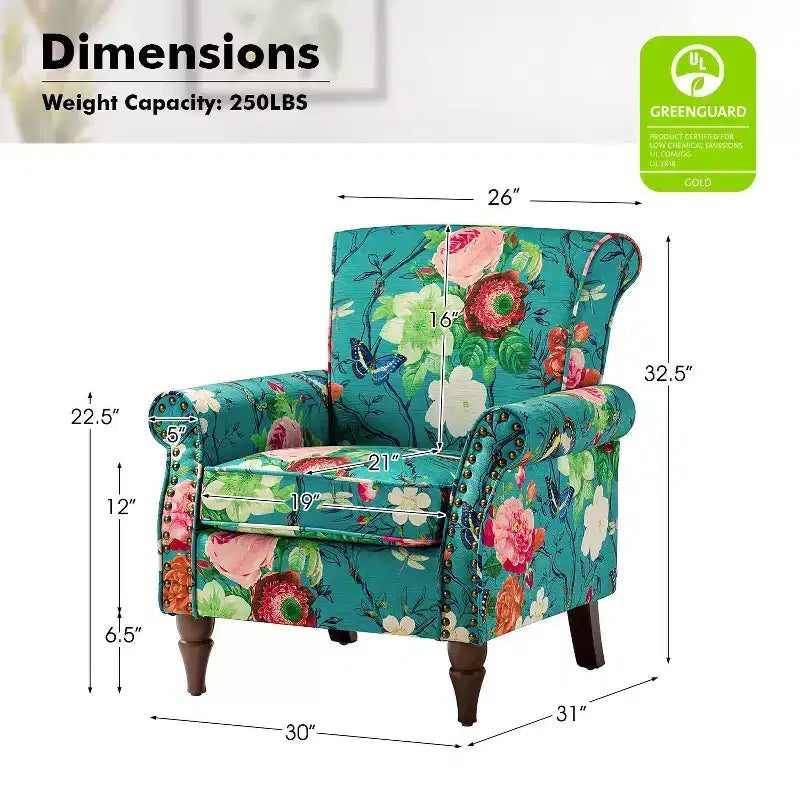 Araceli traditioneller gepolsterter Holzsessel mit Blumenmuster, Ohrenlehnen und Ziernägeln | ART OF LIVING DESIGNS
