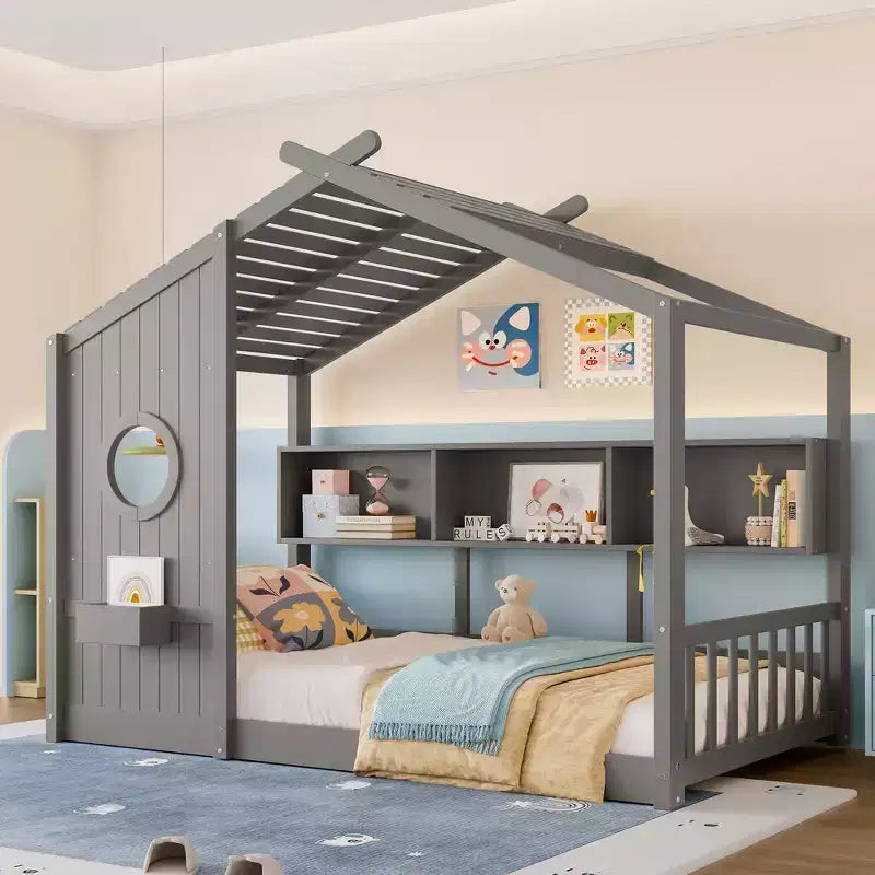 Bodenbett in Hausform für Kinder, Montessori-Spielhausbett mit Ablagefach und Dachdesign