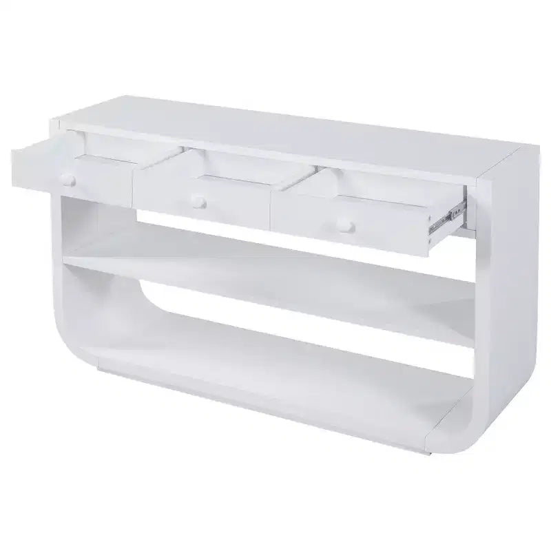 Tavolo consolle curvo ModernLuxe, tavolo d'ingresso, tavolino laterale per divano, espositore, tavolino d'accento con 3 cassetti a chiusura ammortizzata e 2 ripiani aperti