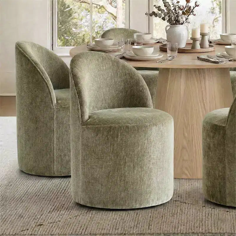 Moderne eethoek voor 6 personen, ronde eettafel met centrale voet, draaibare kuipstoelen op wieltjes, chenillestof met structuur - Panipeachy