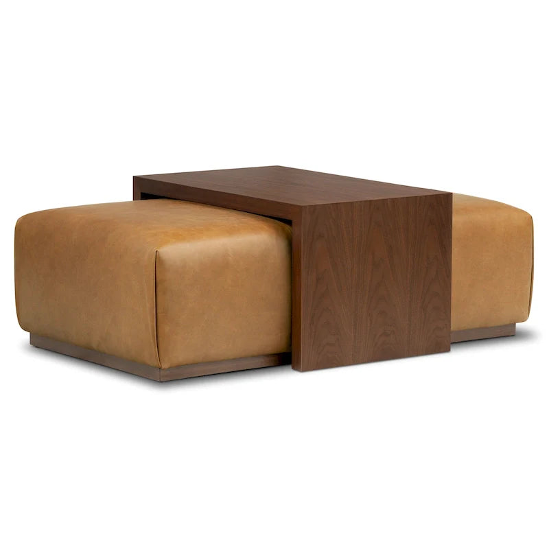 Pouf Poly & Bark Jarmo con tavolino regolabile in noce - vera pelle italiana pieno fiore