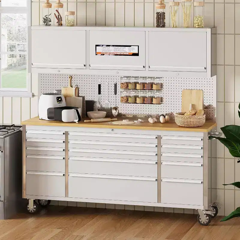 Coffre à outils de 72 pouces avec roulettes, établi de garage, plateau en bois d’hévéa massif et serrure à clé, armoire à outils mobile pour le rangement en atelier