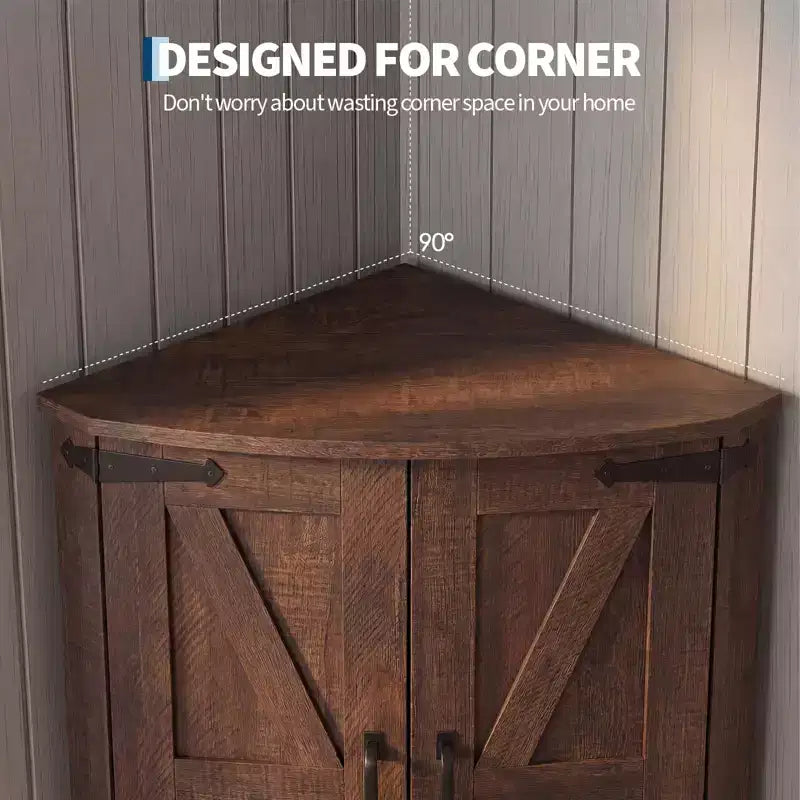 64.8 hohe Eckvitrine mit Türen, brauner Eckschrank im Landhausstil, freistehender Eck-Vorratsschrank mit verstellbaren Einlegeböden