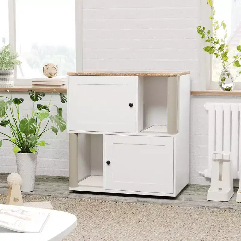 Katzentoiletten-Schrank mit zwei Bereichen, verstecktes geschlossenes Möbelstück für Katzentoiletten mit Kratzsäulen und doppellagigen Katzenstreumatten, Haustierhaus für den Innenbereich