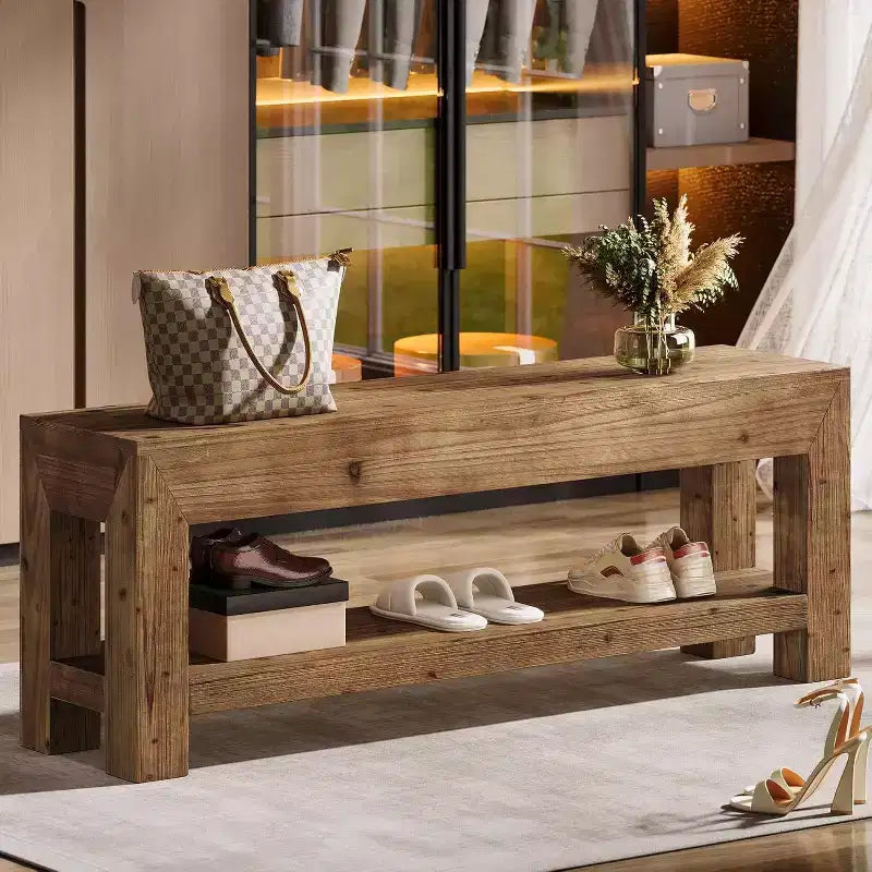 Banc d’entrée de 47.24 en bois massif avec étagères ouvertes, marron rustique