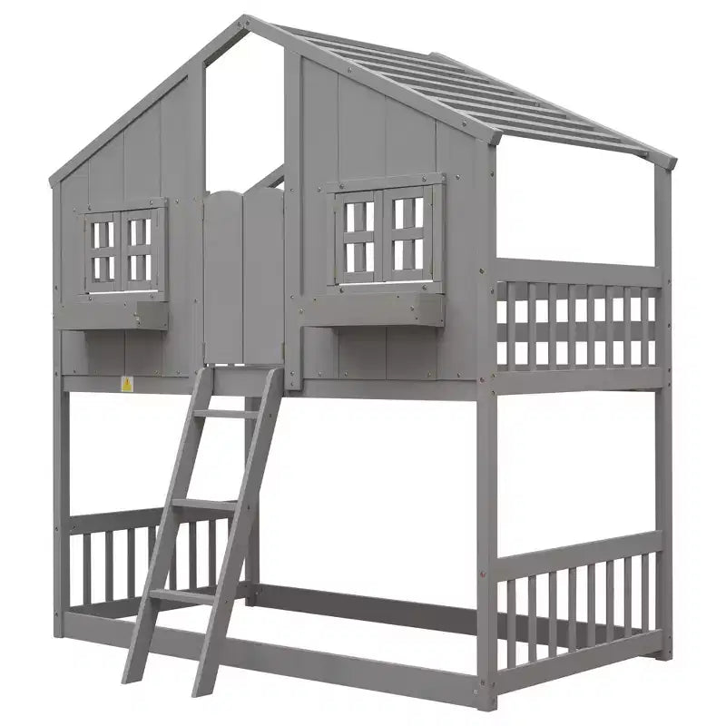 Letto a soppalco a forma di casetta per letto singolo, in legno, con scala e sponde di protezione per bambini