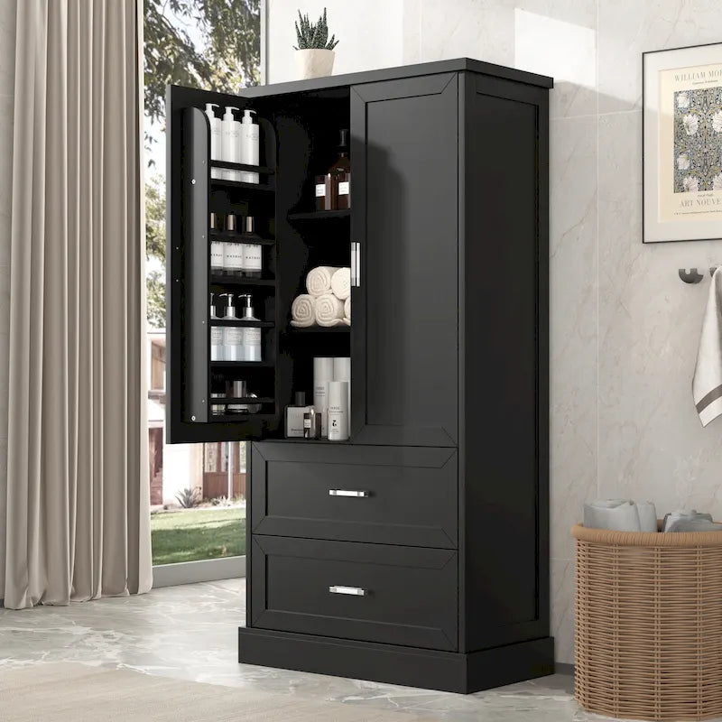 Mobiletto alto da bagno, con due ante e cassetti, ripiano regolabile, pannello MDF