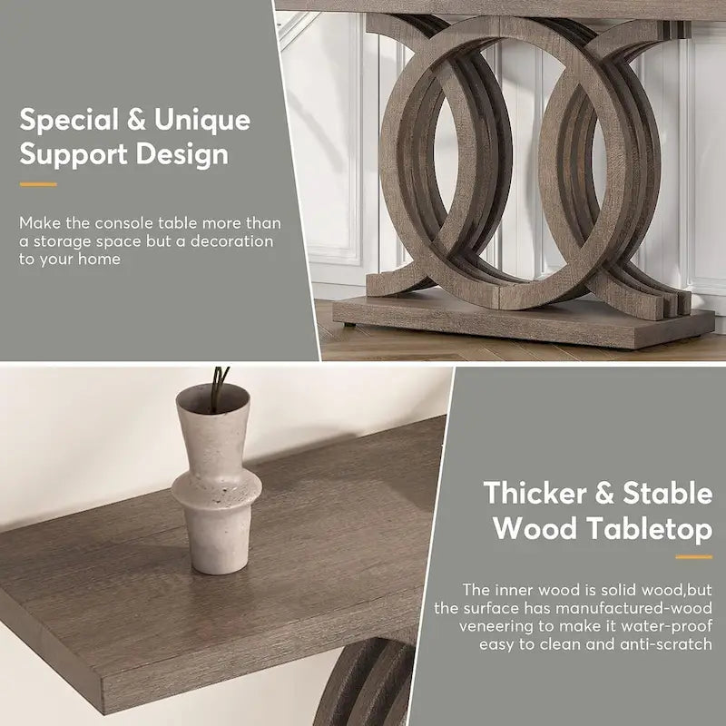 Table console vintage en bois pour couloir, avec piètement géométrique