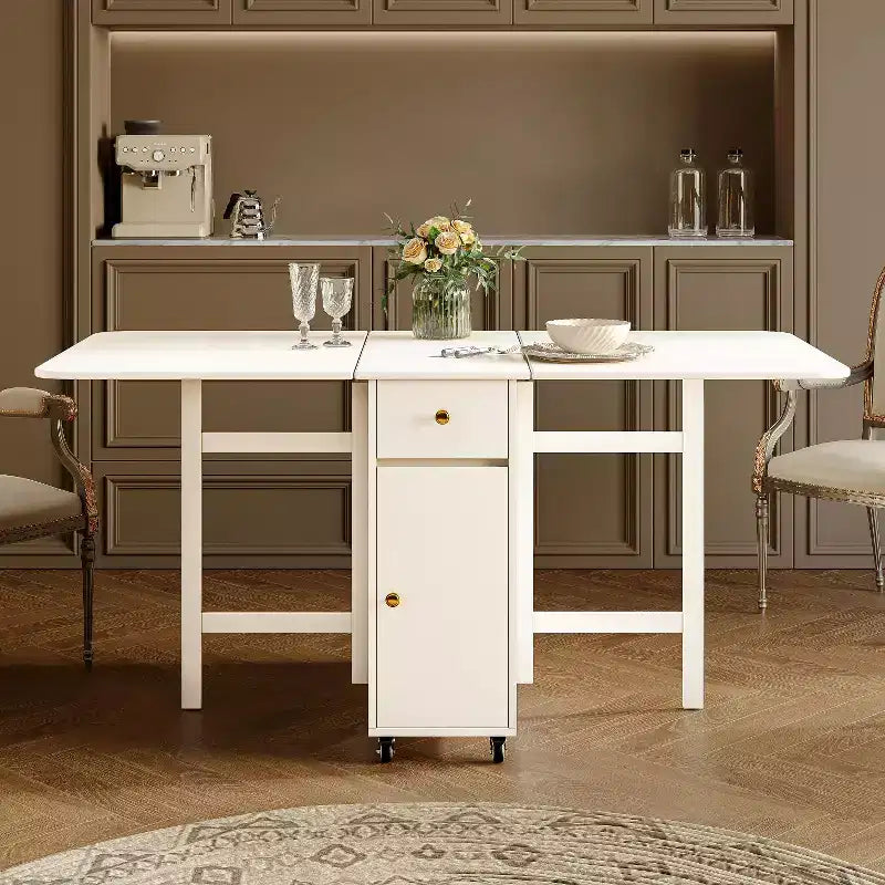 ATJafurn 59' inklapbare eettafel met uitklapbare bladen voor kleine ruimtes, rechthoekige uitschuifbare houten keukentafel met wielen en opbergruimte