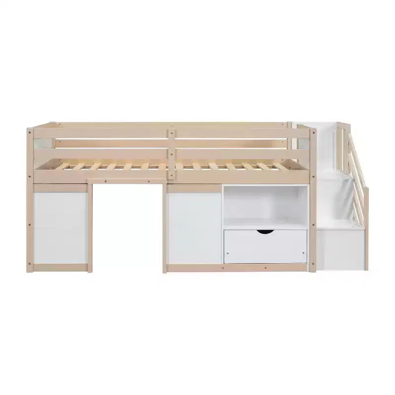 Lit mezzanine bas en bois massif, format simple, 94.6L x 42.3W, avec escalier, tiroir et étagère, design moderne et épuré