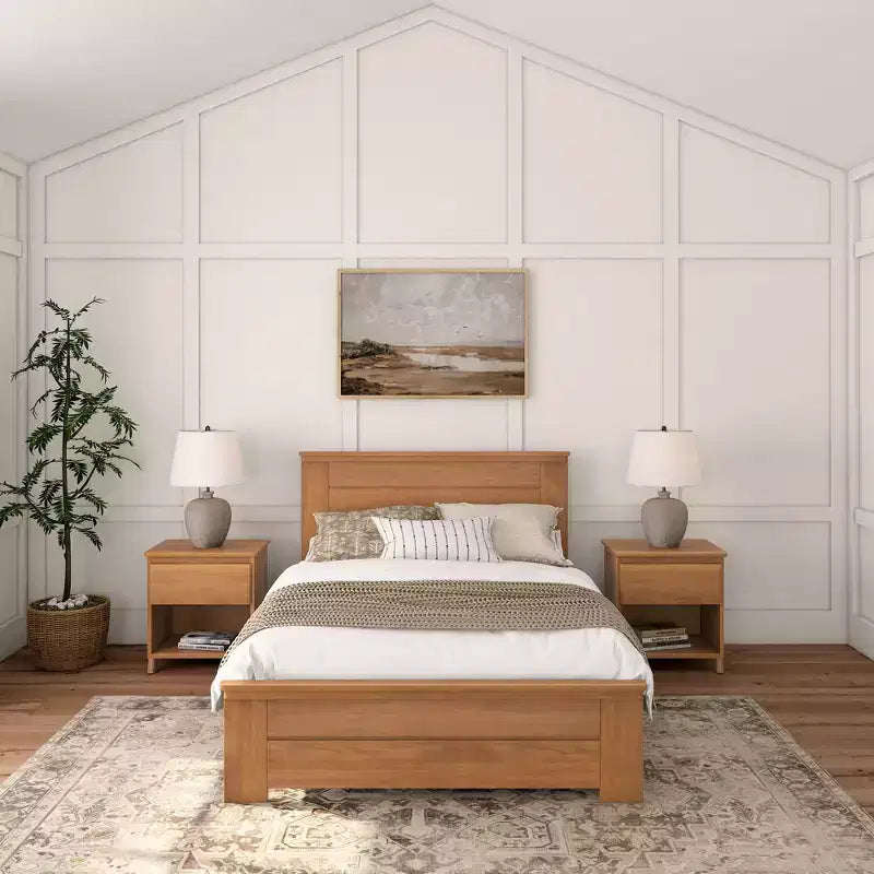 Plank+Beam landelijke bedframe in tweepersoonsformaat met hoofdbord, platformbed van massief hout