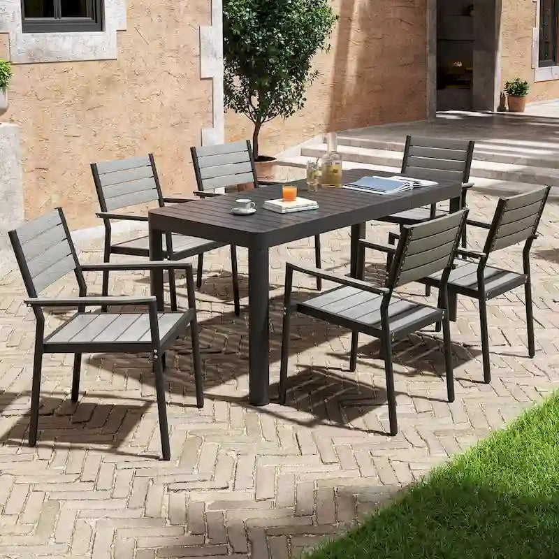 Set da pranzo da esterno in alluminio da 5/7 pezzi con sedie impilabili e tavolo allungabile
