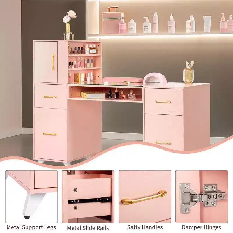 Zwart / roze moderne manicuretafel met glazen blad en polssteun, één werkplek