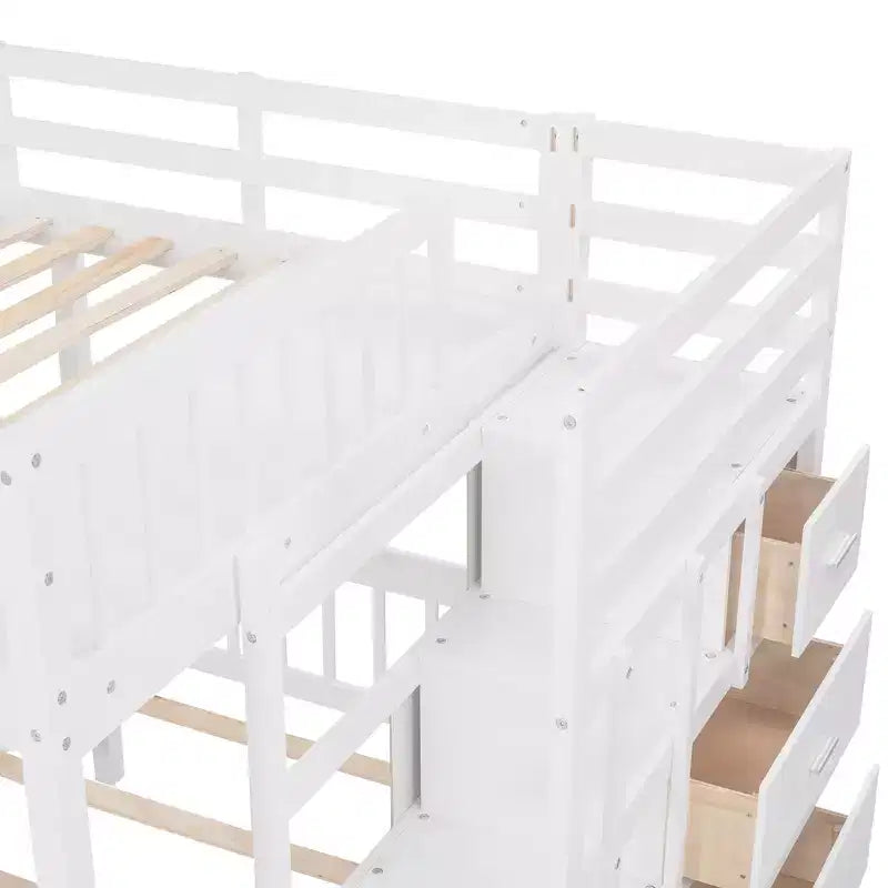 Lit superposé Whisen avec lit double au-dessus de deux lits simples, en bois, avec tiroirs et barrières de sécurité