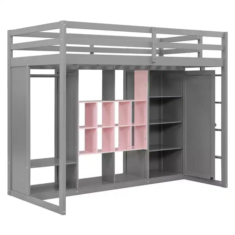 Kinder-Hochbett mit Kleiderschrank und Regalen, Holz-Hochbettrahmen mit Stauraumschrank für Kinder und Jugendliche