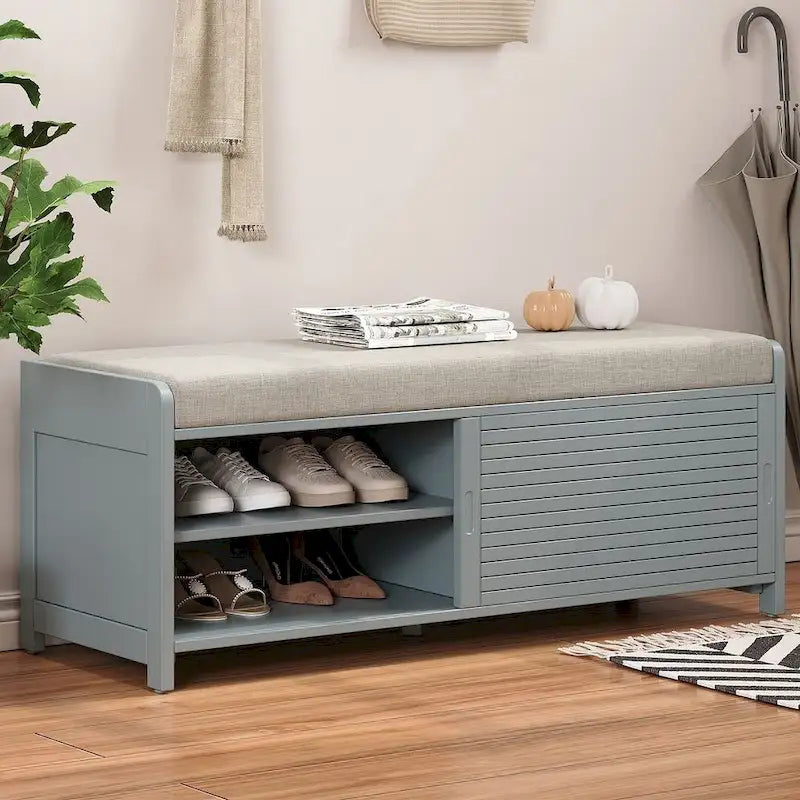 Banc de rangement en bois massif de 43.30 pouces avec persiennes vieillies contemporaines