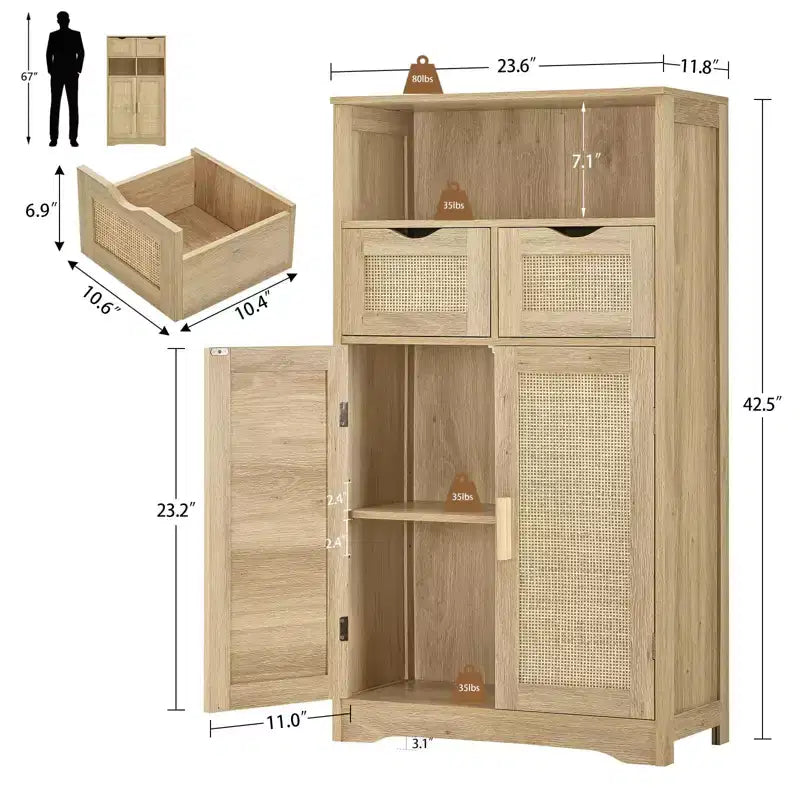Armoire de rangement en rotin avec 2 tiroirs et étagères réglables pour la cuisine et la maison