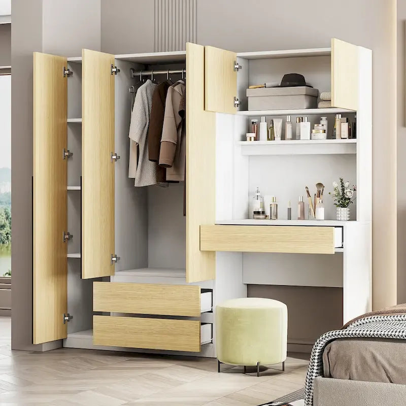 Armoire 3-en-1 avec coiffeuse et bureau, armoire de chambre avec 2 tiroirs et 3 portes de rangement