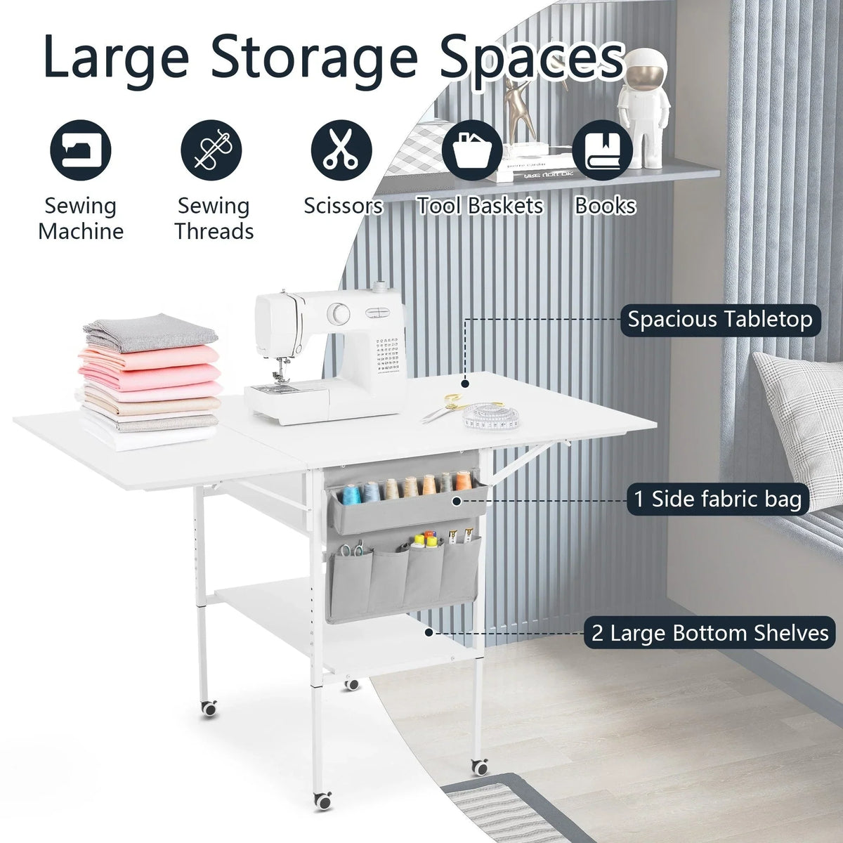 Table d’activités réglable en hauteur avec étagères de rangement, table de découpe pliante et mobile pour bureau à domicile, couture ou loisirs créatifs