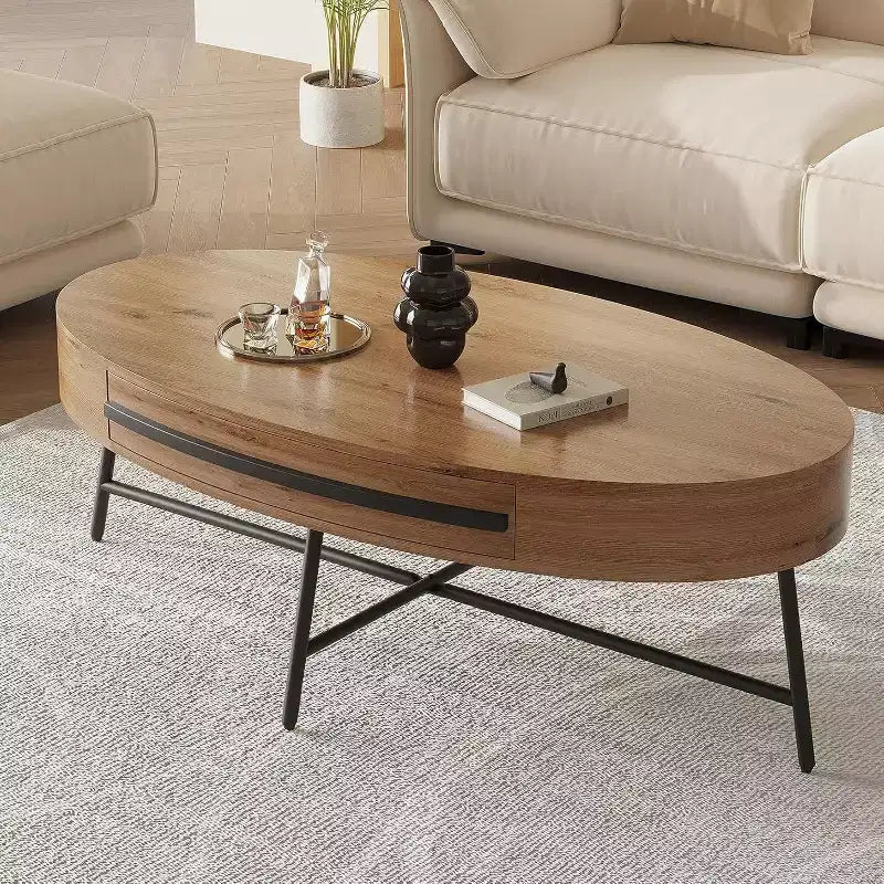 Table basse ovale Acekool avec tiroir, table de rangement en bois de 47.2 avec pieds croisés en métal, table centrale moderne du milieu du siècle en finition saule naturel et doré