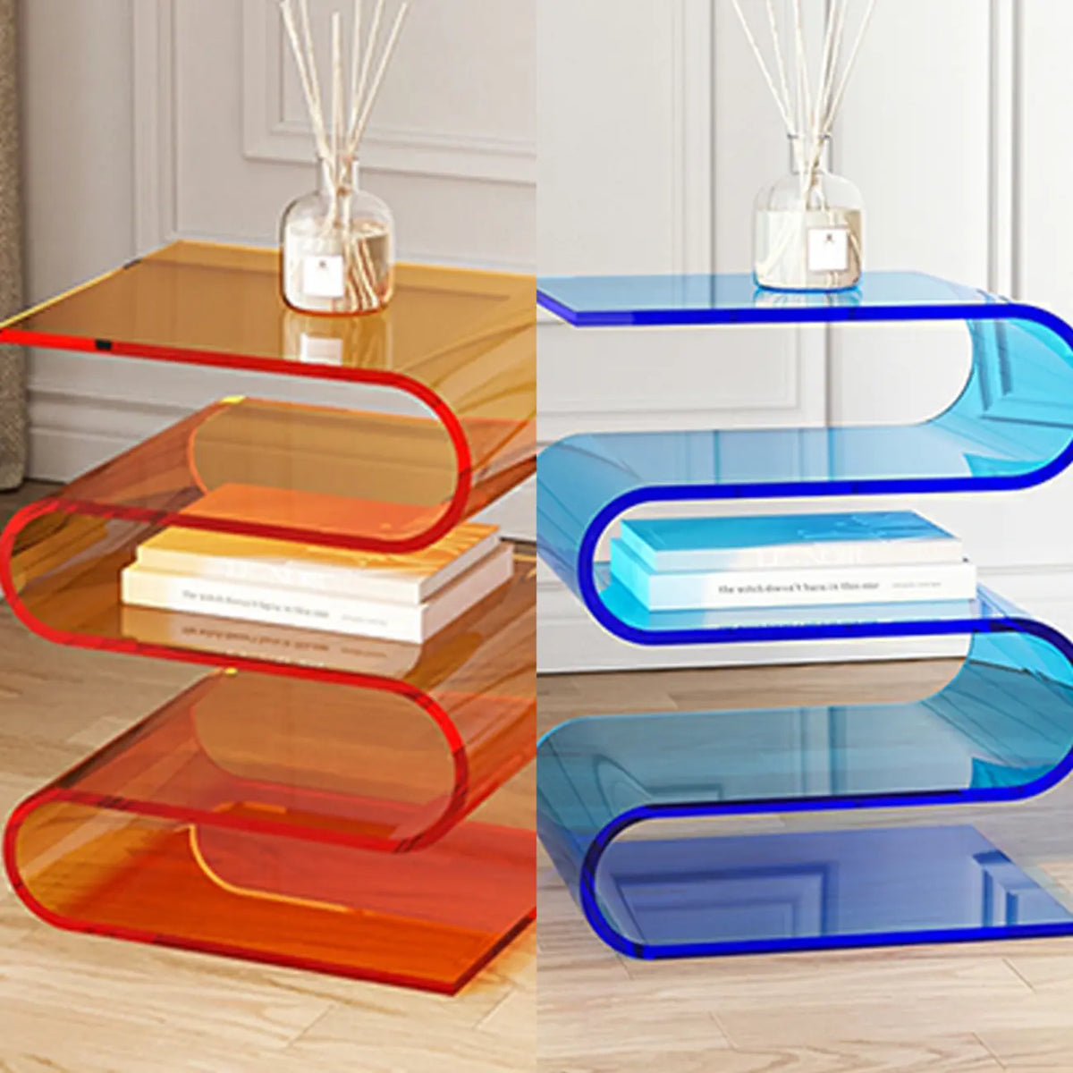 Table d’appoint contemporaine en acrylique en forme de S avec rangement