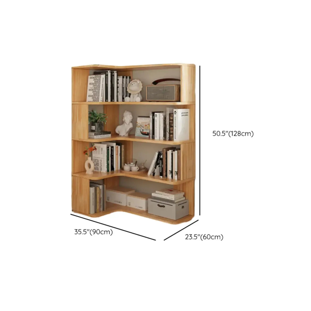 Bücherregal aus vertikalem Holz in L-Form mit offener Rückseite und natürlicher Oberfläche