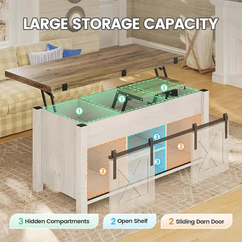 Table basse relevable avec 2 portes coulissantes de style grange, rangement et table à manger
