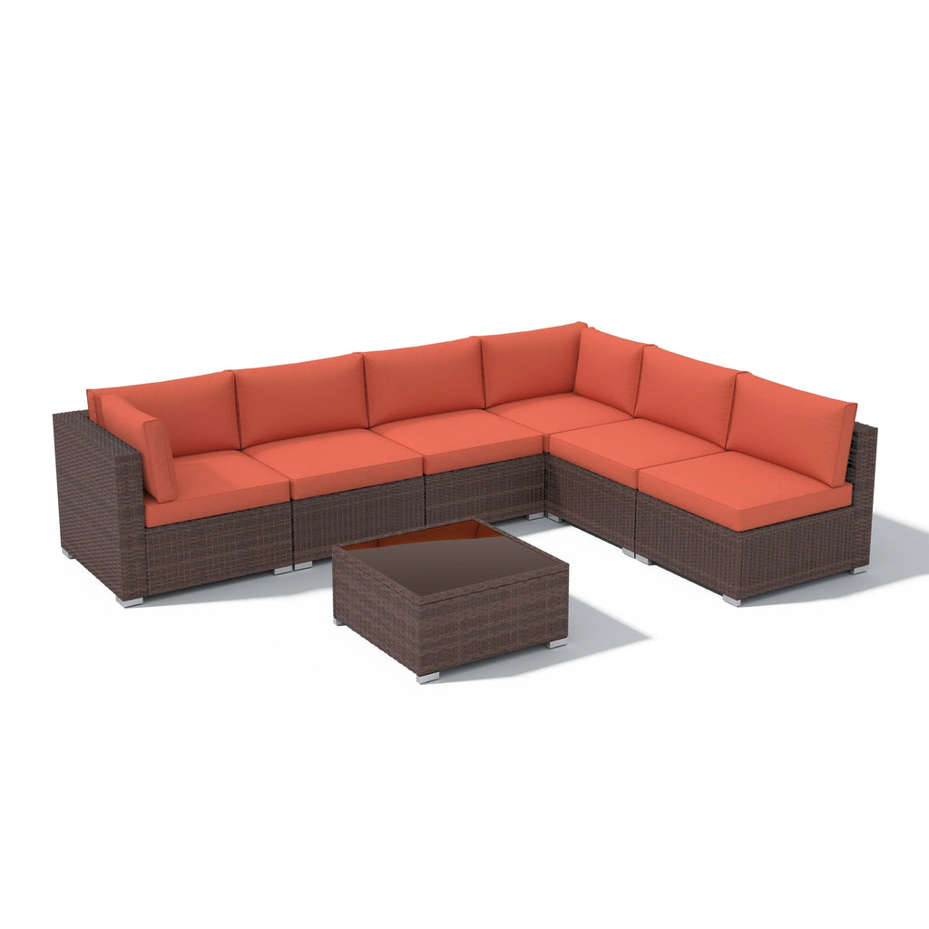 7-teiliges Outdoor-Ecksofaset aus Rattan und Stahl mit Kissen