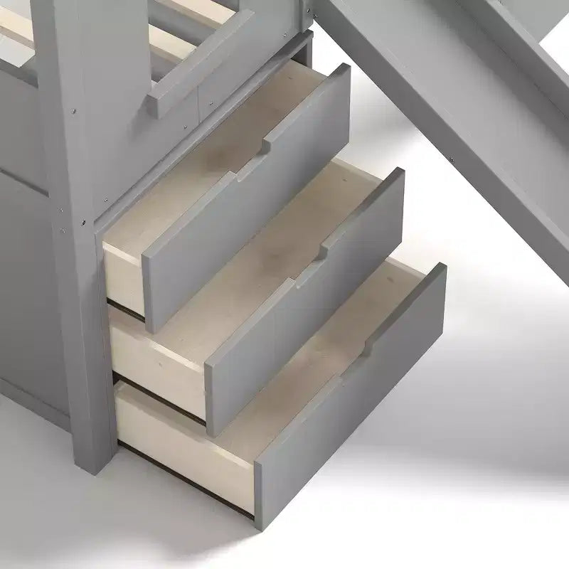 Einzel-Hochbett mit 3 Schubladen und Treppe mit Stauraum, Hausbett aus Holz mit Rutsche und abnehmbarem Schreibtisch