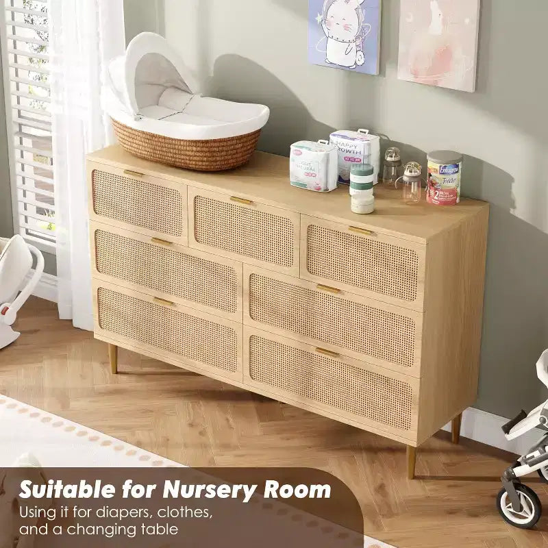 Commode en rotin à 7 tiroirs pour chambre, commode haute à tiroirs profonds, grand chiffonnier pour placard avec large plateau, commode en bois pour salon