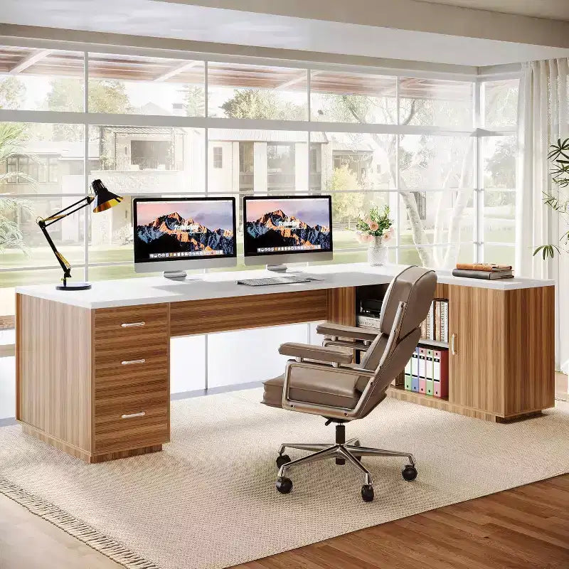 Lantine 85.8 L-vormig directiebureau, extra groot computerbureau voor kantoor met archieflades voor thuiskantoor