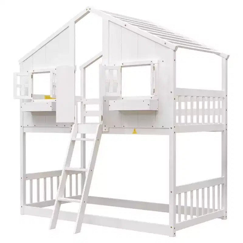 Letto a soppalco a forma di casetta per letto singolo, in legno, con scala e sponde di protezione per bambini