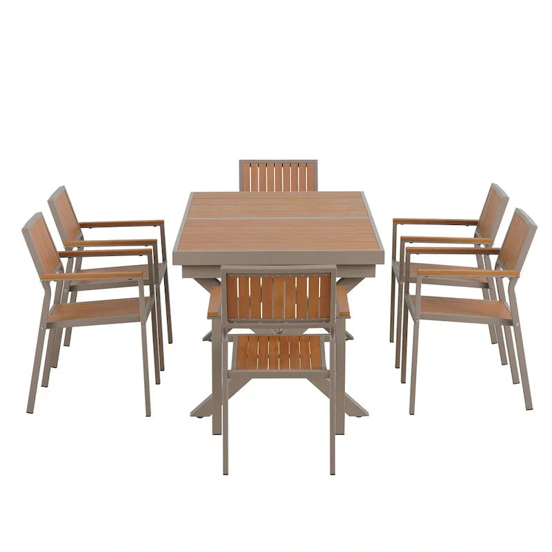 7-teiliges ausziehbares Outdoor-Essset mit ausziehbarem Tisch und 6 Armlehnstühlen