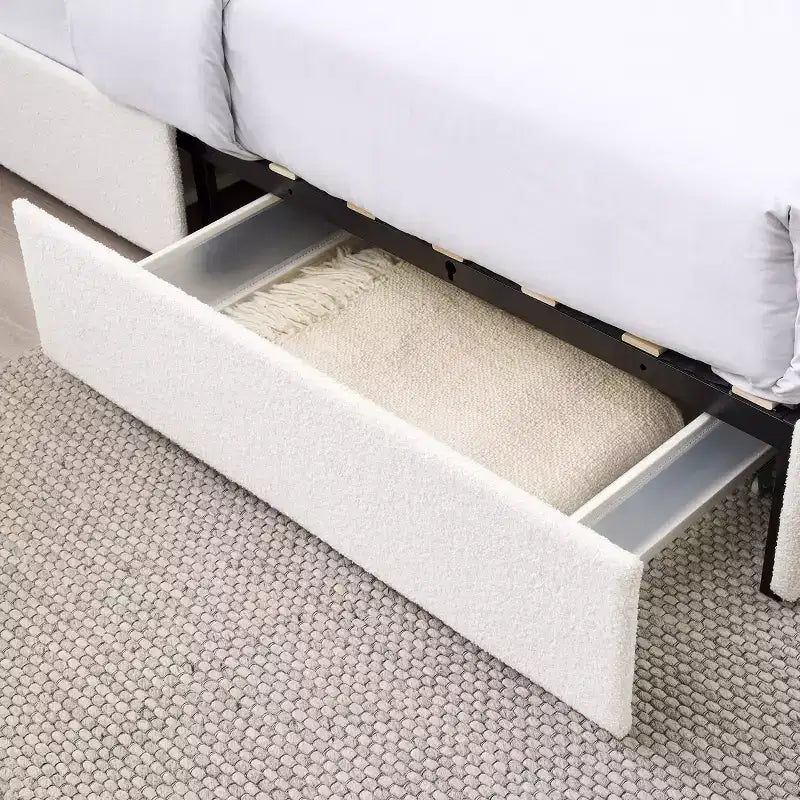 Lit moderne grand format queen en tissu bouclé avec tiroirs de rangement