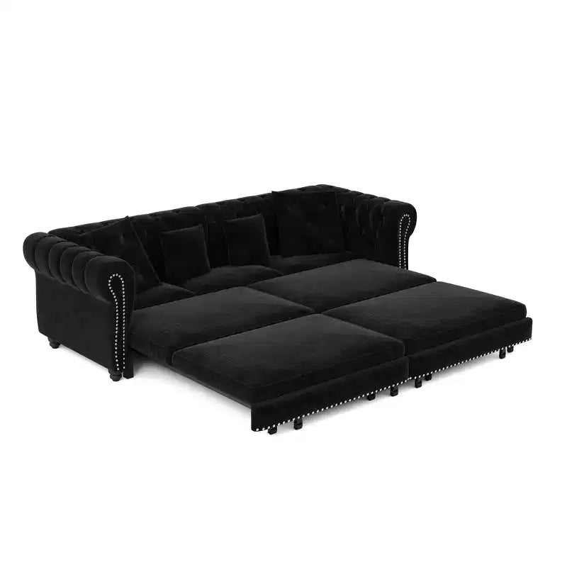 Canapé-lit convertible 3-en-1 Whisen en velours, format king size, avec pouf mobile, design capitonné