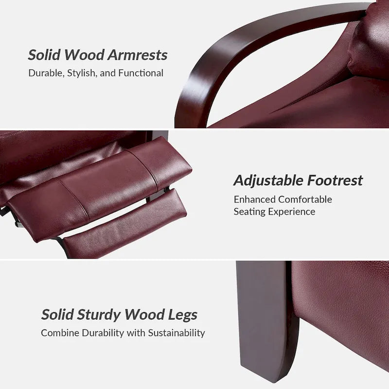 Alex handmatige relaxfauteuil van echt sigarenkleurig leer in mid-century moderne stijl, met gebogen houten armleuningen