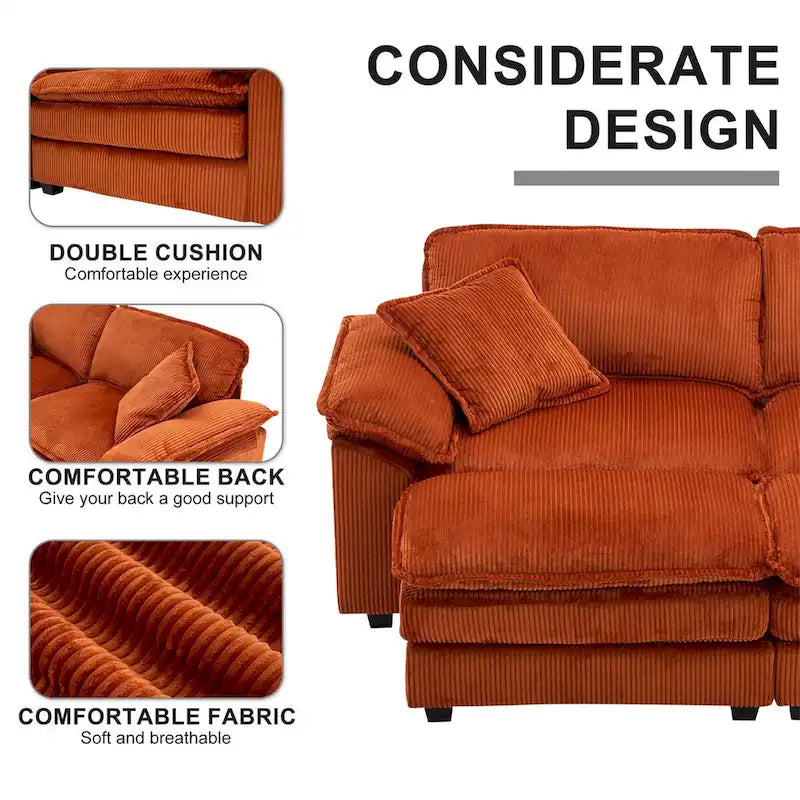 Modernes 2-Sitzer-Cordsofa mit 4 Stützkissen und 2 Hockern