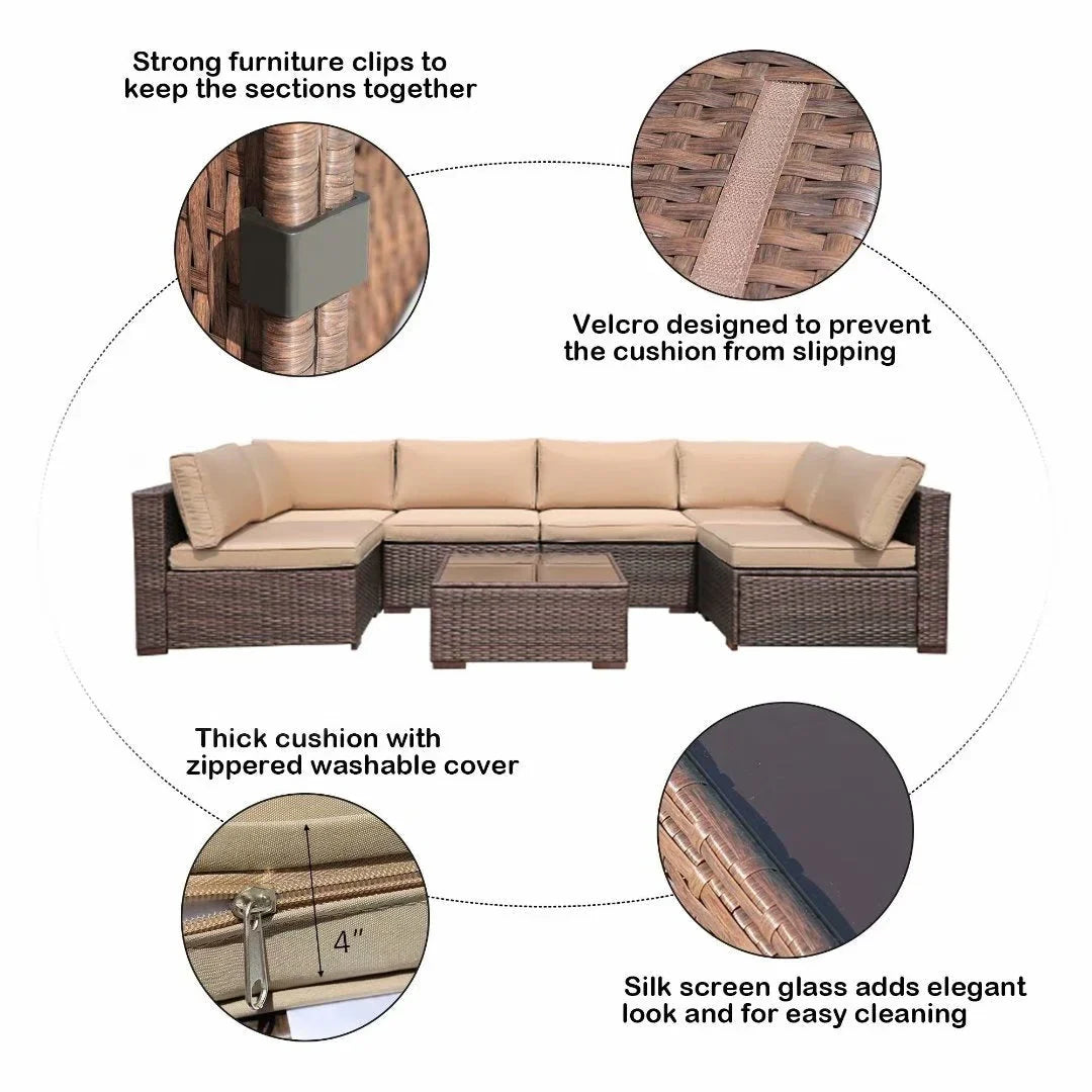 7-teiliges Outdoor-Ecksofaset aus Rattan und Stahl mit Kissen