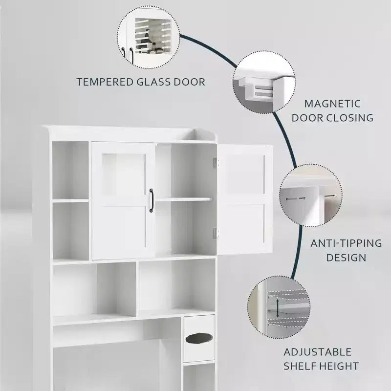 Mobile contenitore sopra il WC - 67.4 H, organizer e contenitore da bagno in stile rustico con ripiano regolabile e anta in vetro per bagno e lavanderia