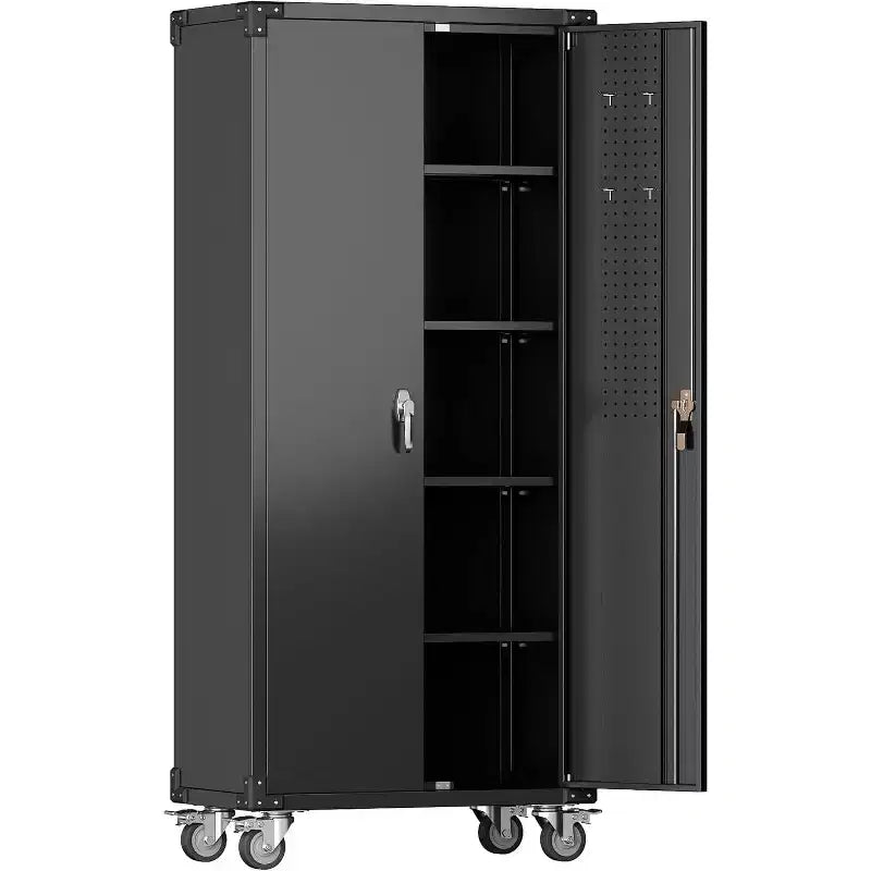 Armoire de rangement pour garage avec roulettes et panneau perforé, armoire métallique verrouillable de 72 H avec 2 portes et 4 étagères réglables pour atelier de garage