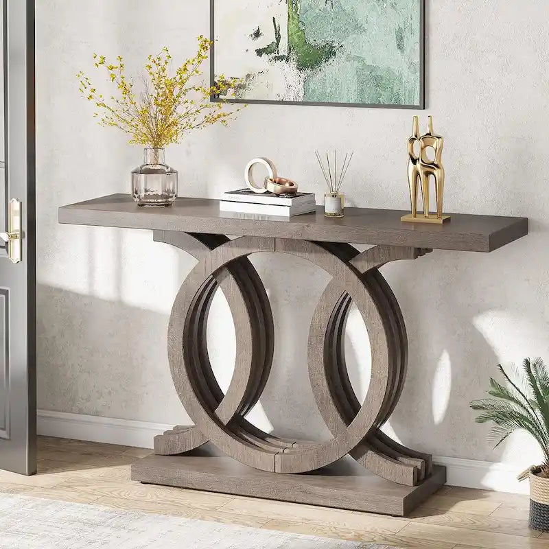 Table console vintage en bois pour couloir, avec piètement géométrique