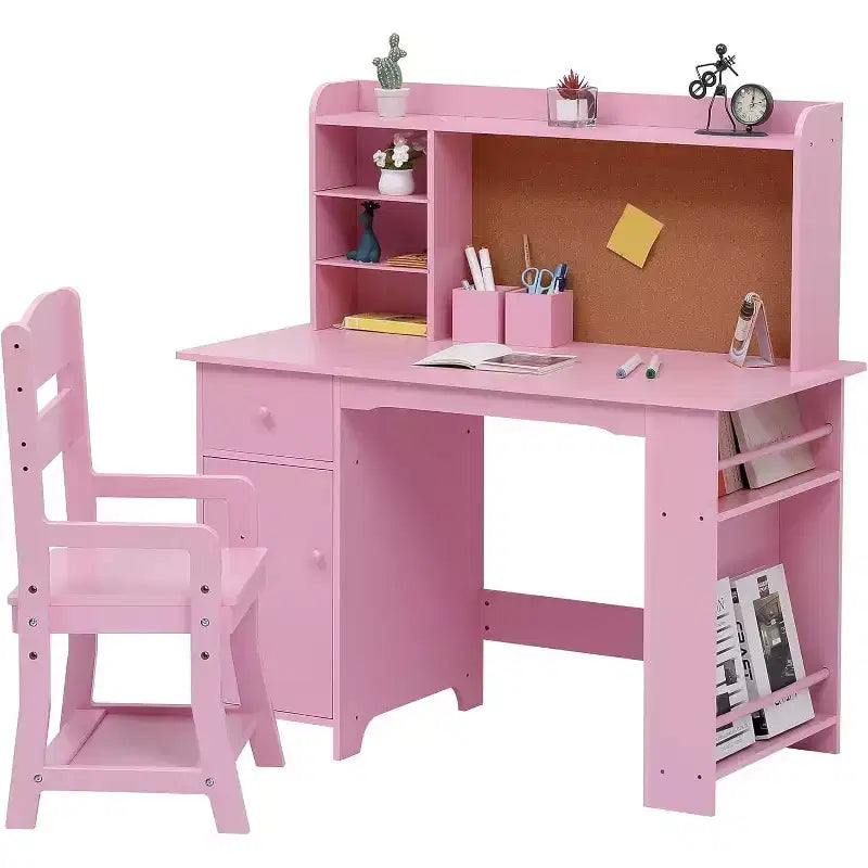 Scrivania e sedia per bambini, set per ragazzi e ragazze, tavolo da studio in legno con libreria, bacheca, armadietto e cassetto, per età da 3 a 8 anni
