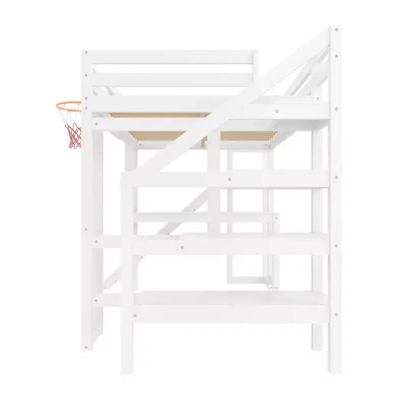 Lit mezzanine complet en bois Luxystar avec bureau, toboggan, panier de basket et escalier de rangement pour enfants et adolescents