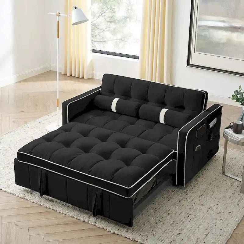 Velvet Multi-Functional Pull-Out Sofa Bed Adjustable Reclining Backrest With Pillows - N/A
