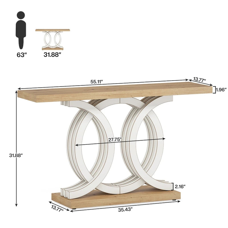 Table console vintage en bois pour couloir, avec piètement géométrique