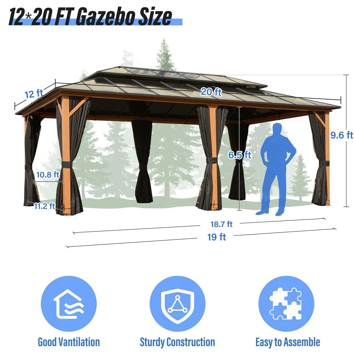 Gazebo EROMMY con tetto rigido, pergola da esterno con doppio tetto, rete e tende, copertura robusta per patio, giardino e feste in piscina
