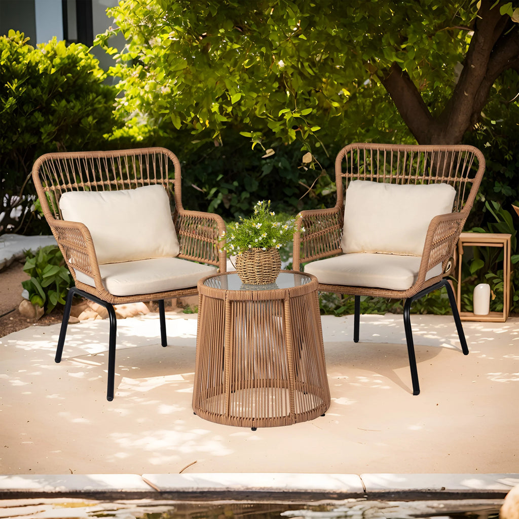 Ensemble bistro de jardin en osier de 3 pièces, ensemble de fauteuils de patio en rotin toutes saisons avec coussins