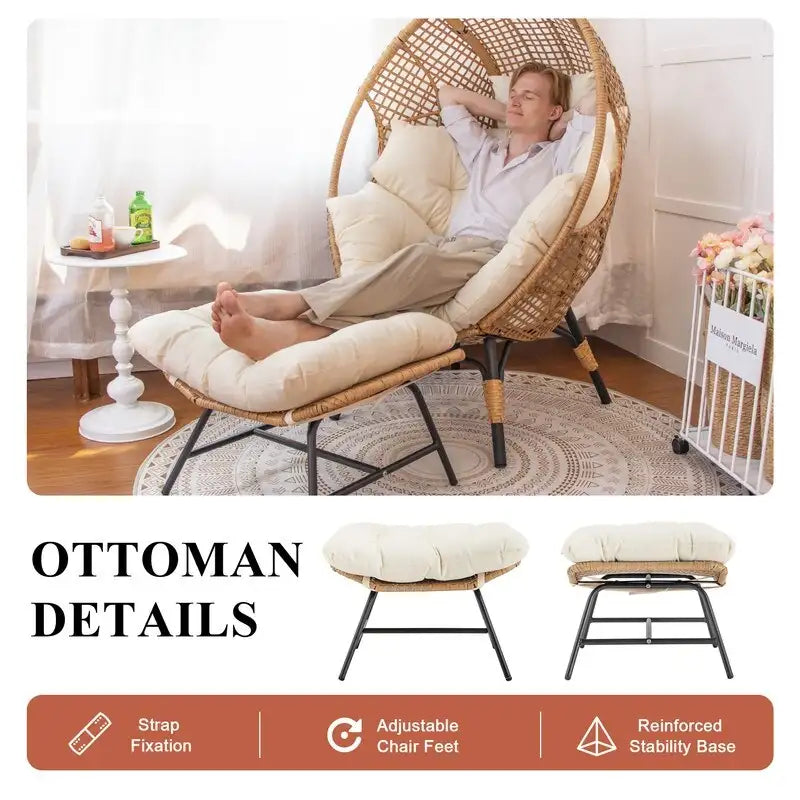 Fauteuil œuf d’intérieur FINCATI, fauteuil œuf d’extérieur supportant 440 lb, fauteuil œuf grand format avec pouf, fauteuil œuf luxueux et confortable avec repose-pieds