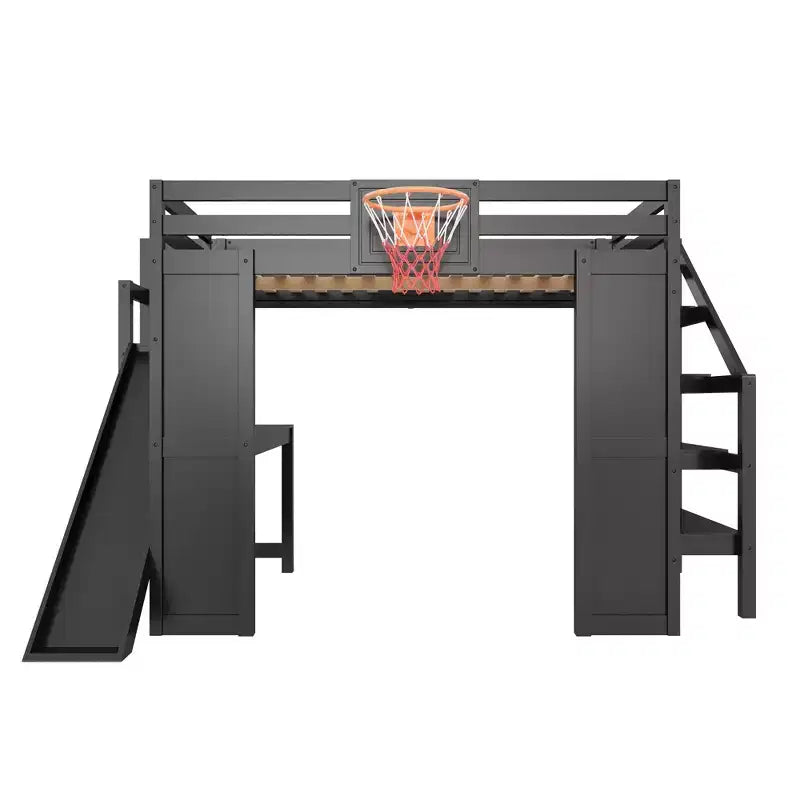 Lit mezzanine complet en bois Luxystar avec bureau, toboggan, panier de basket et escalier de rangement pour enfants et adolescents